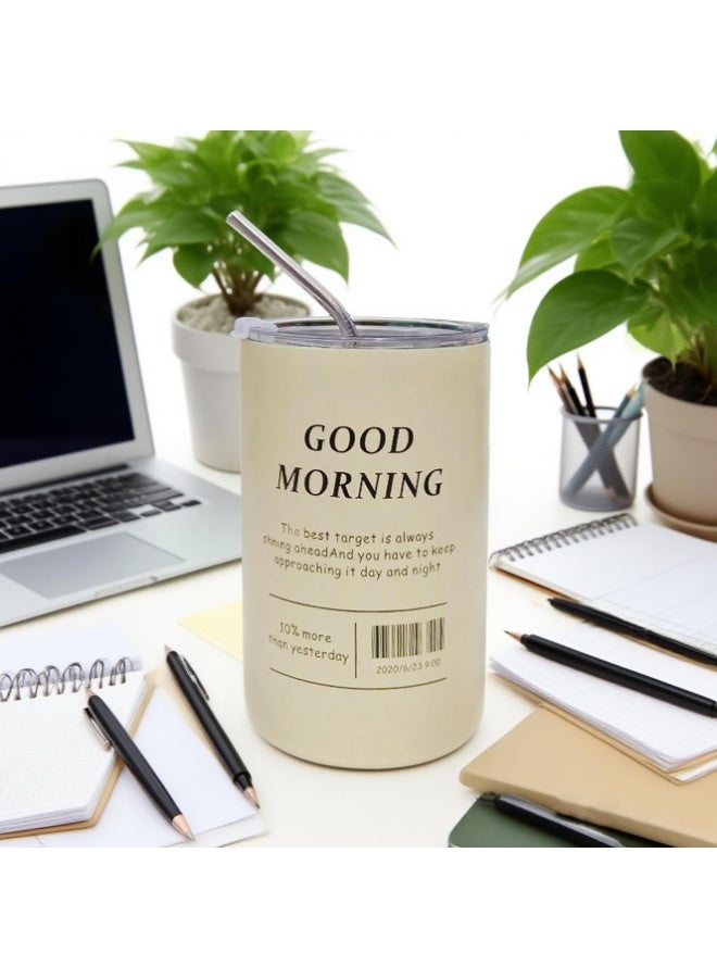 كوب سفر وتخييم معزول بتفريغ الهواء بجدار مزدوج سعة 600 مل - حامل قهوة ومشروبات من الفولاذ المقاوم للصدأ مقاوم للانسكاب مع ماصة وغطاء - بيج - Image 3